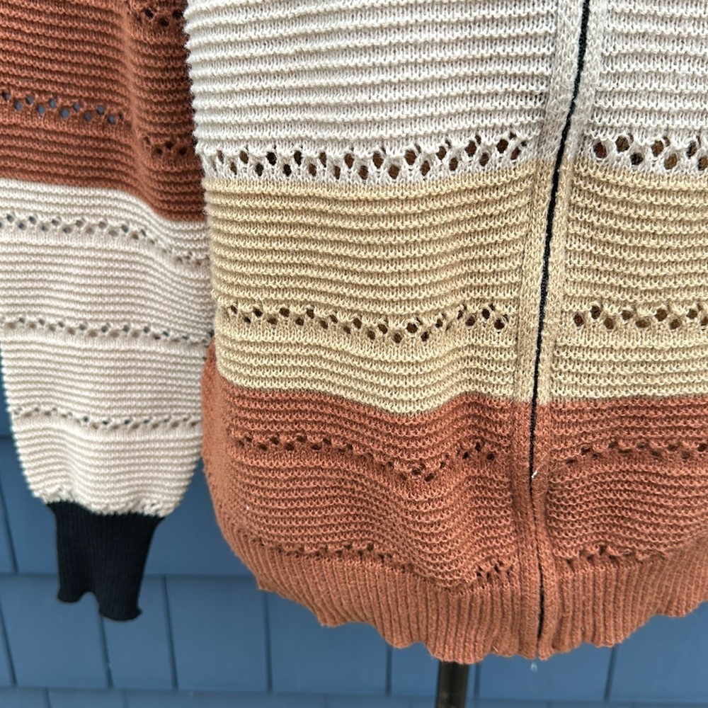🤎🖤🤍Shein brown striped sweater zipper hoodie cardigan medium - Picture 3 of 7